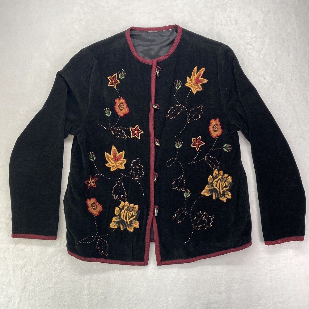 Vintage White Stag Jacket Medium Chenille Fall Floral Asian Inspired Embroidered